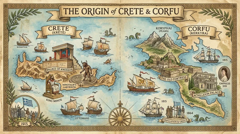 The Origin of Crete and Corfu